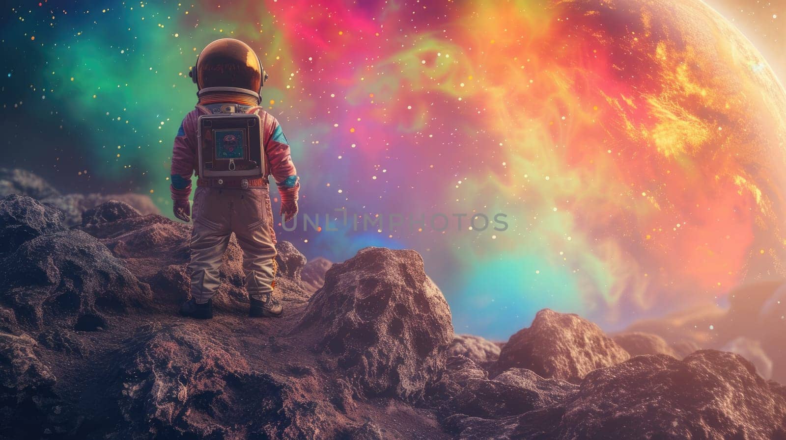 Happy elementary student wearing astronaut suit and exploring planet surrounded with vibrant color. Cute smart child playing as astronaut and walking and inspect universe with colorful color. AIG42.
