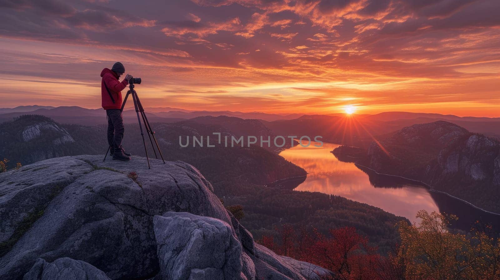 Professional adventure photographer taking a photo of sunset with twilight sky at mountain. Silhouette of photographer working and looking at camera and taking photo at sunrise. View point. AIG42.