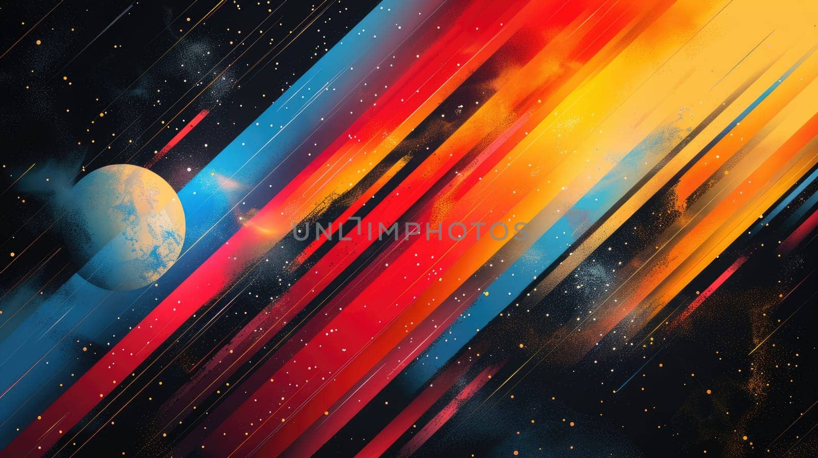 An abstract painting of a planet with bright red, blue, and yellow streaks in the background. AIG51A.