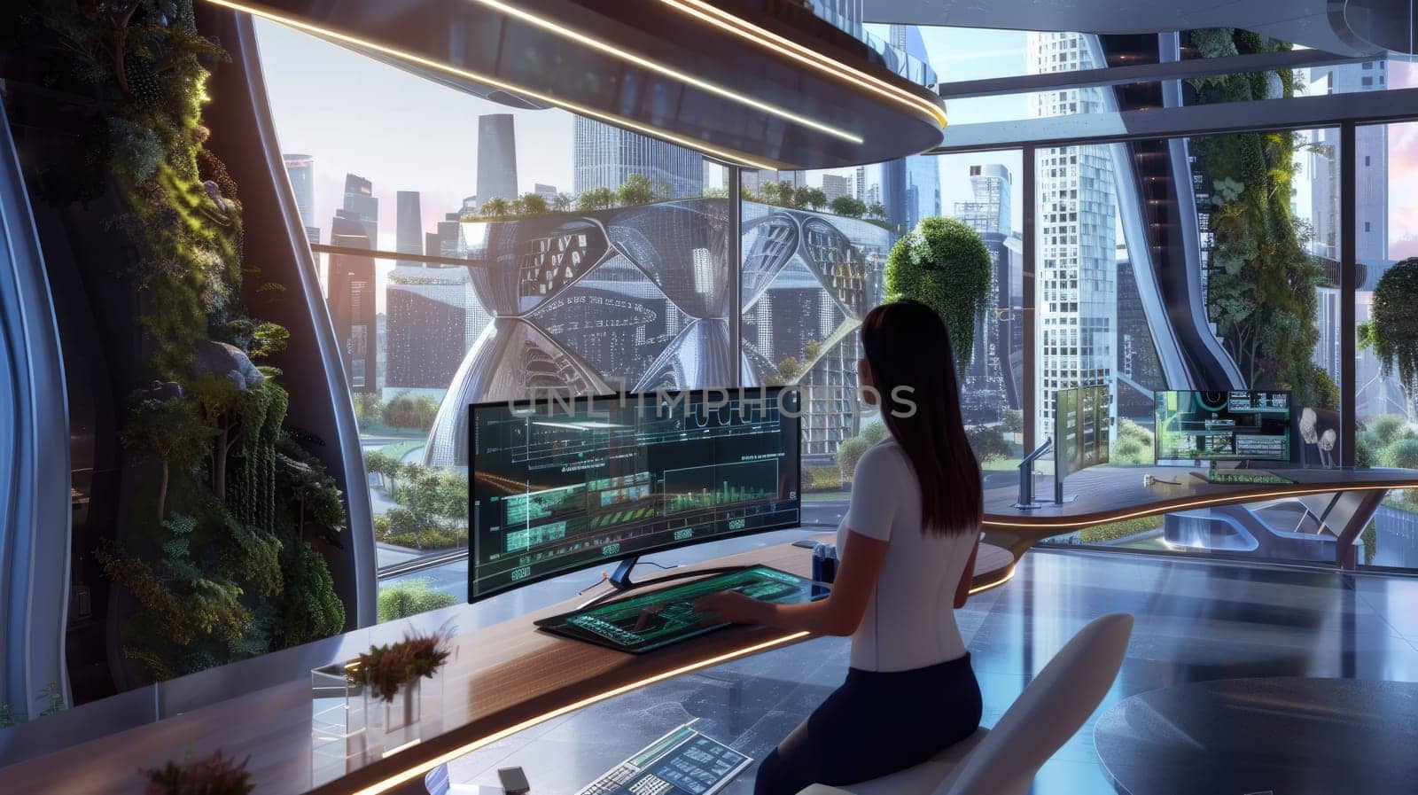 Civil engineer planning and designing smart city while using technology holographic innovation. City planner thinking plan while using technology to design eco city with global connection. AIG42.