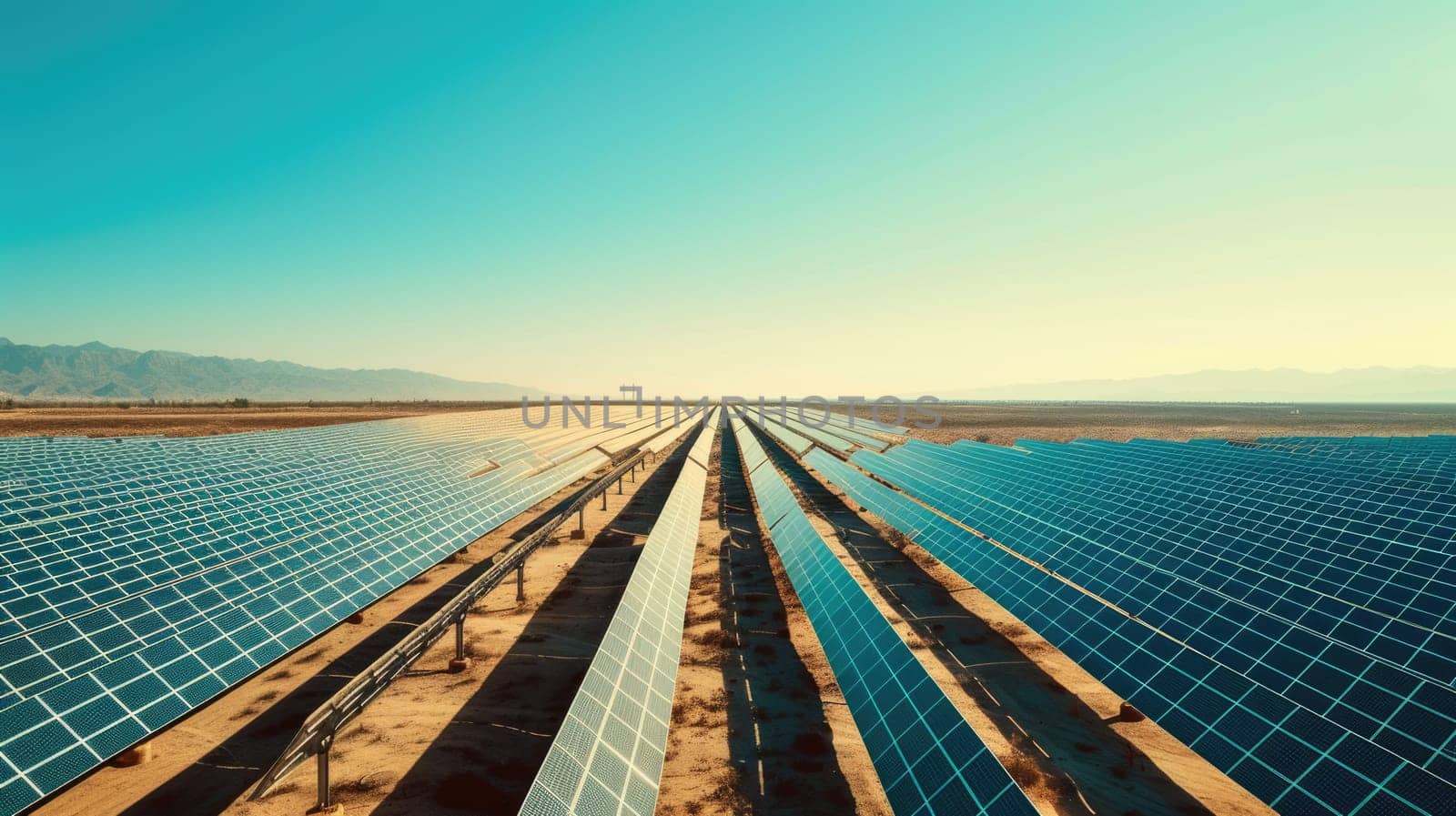 A vast solar panel farm stretches across a desert landscape, harnessing the power of the sun for renewable energy. AIG41