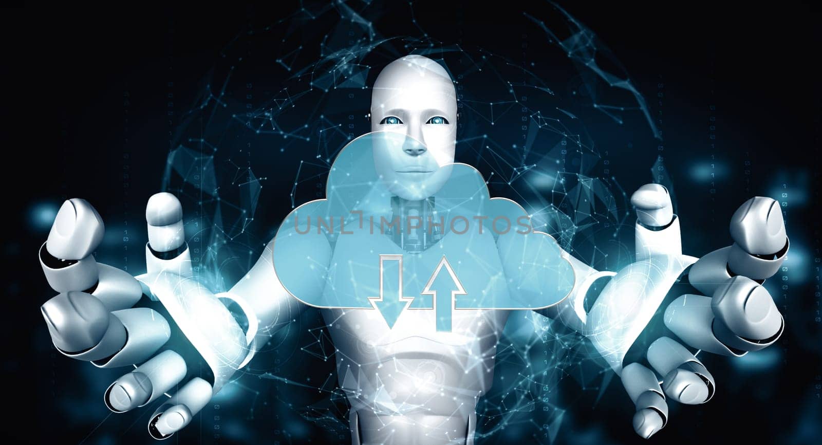 MLP 3d illustration AI robot using cloud computing technology to store data on online server. Futuristic concept of cloud information storage analyzed by machine learning process. 3D rendering illustration.