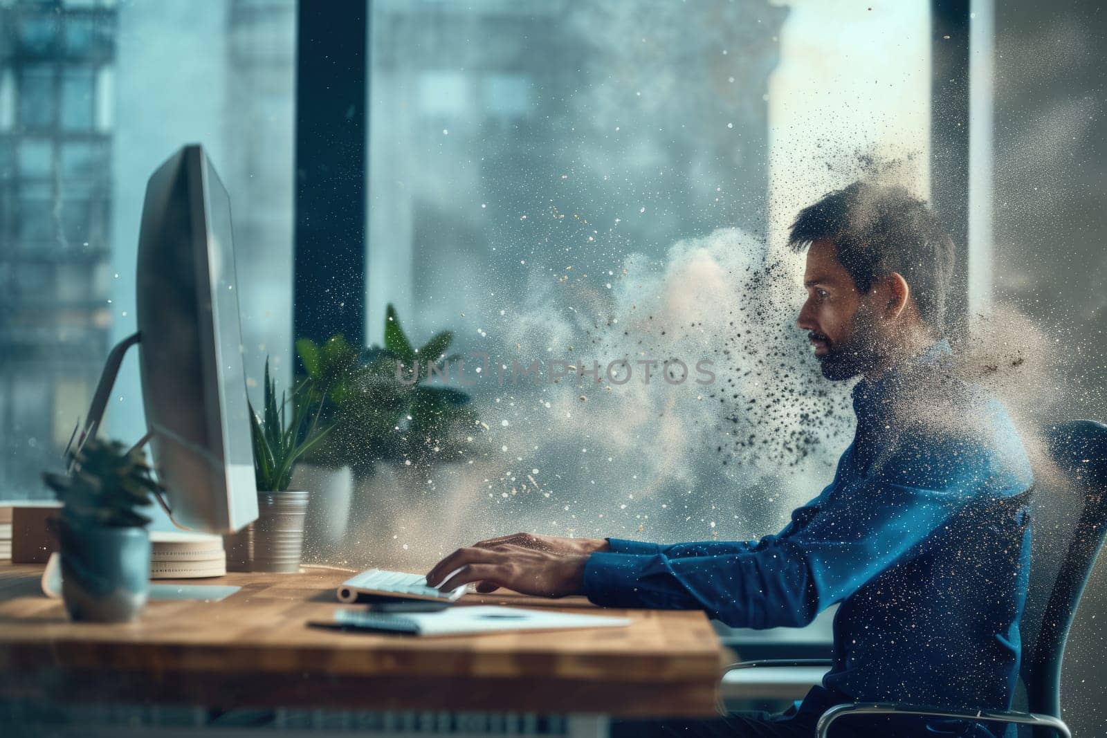 Technology disruption and job replacement concept caused by harmful technological transformation affecting the economic and workforce demands. A man profession is obsolete. AIG41