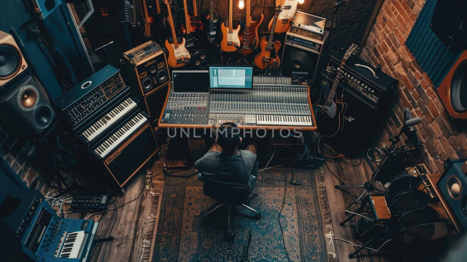 Professional happy musician recording music while thinking about rhyme at modern music studio. Attractive music producer or sound engineer focus on listening demo song while mastering track. AIG42.