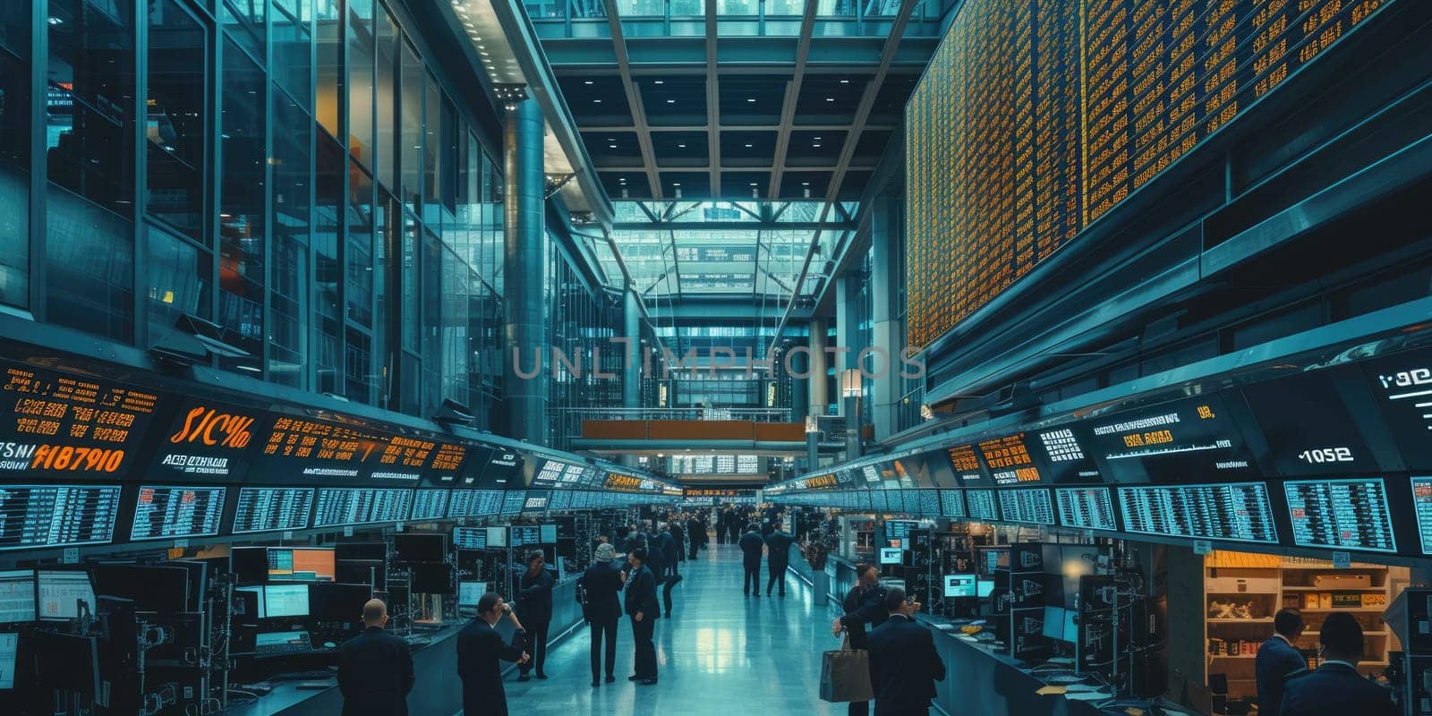 Skilled business people working and invest at financial stock market center. Professional investor talking and planning to invest money while exchanging money currency and trading stock market. AIG42.
