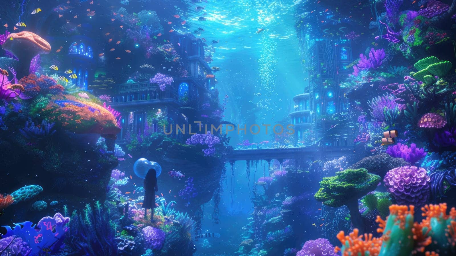 Children diving in the ocean with fantasy underwater view surrounded with vibrant color from coral and fish swimming around. Attractive elementary student exploring the world under the sea. AIG42.
