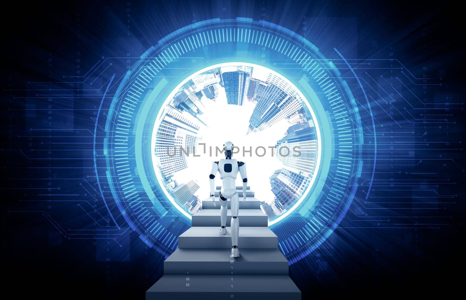 MLP 3d illustration robot humanoid walk up stair to success and goals achievement. Concept of AI thinking brain and machine learning process for the 4th fourth industrial revolution.