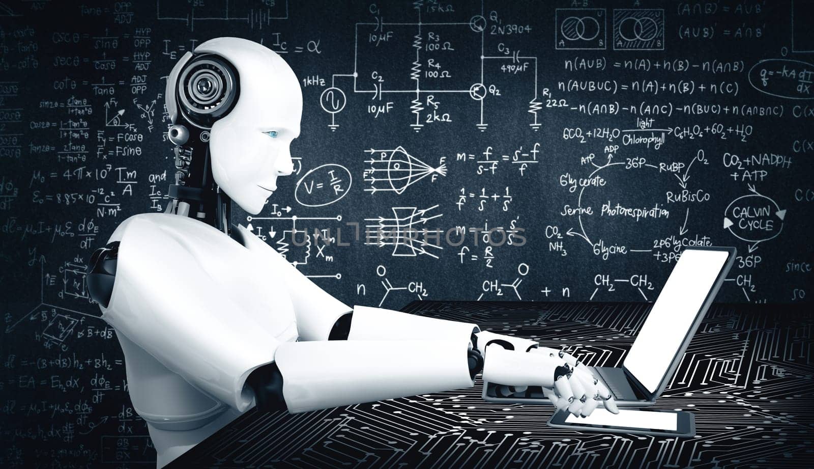MLP 3d illustration Robot humanoid use laptop and sit at table for engineering science studying using AI thinking brain , artificial intelligence and machine learning process for 4th industrial revolution. 3D rendering
