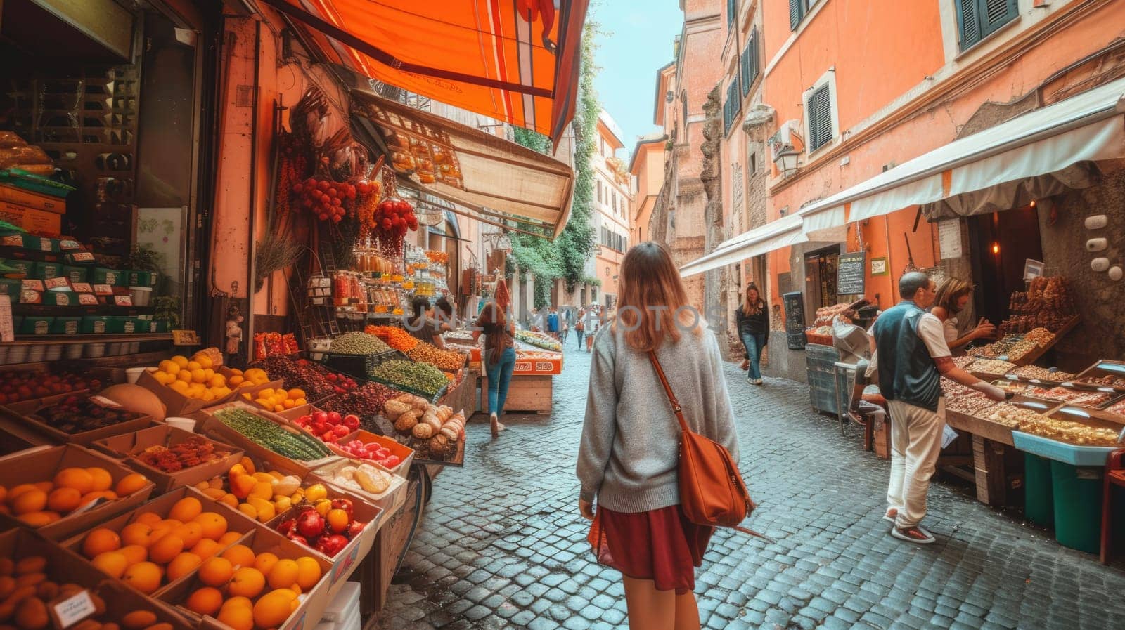 Happy young woman wear casual cloth while enjoy walking at vibrant market. Attractive beautiful girl or tourist exploring while walking at colorful city street. Recreation activity concept. AIG42.