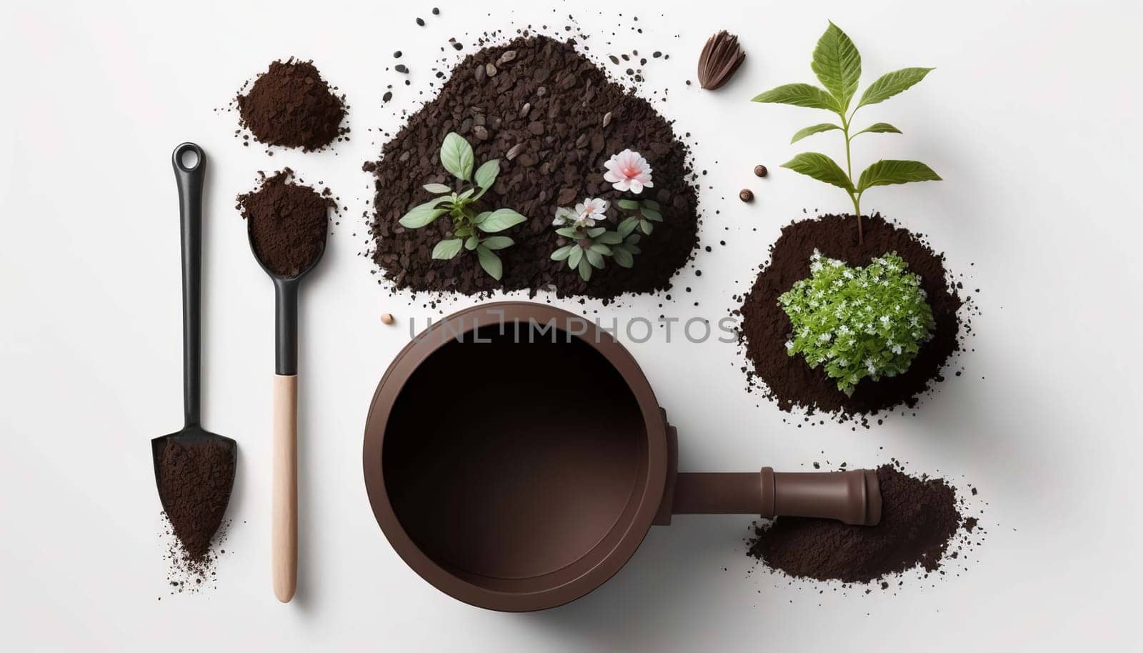 Soil on white background plants and flowers grow layout, garden accessories, watering can, shovel, rake. Generative AI,