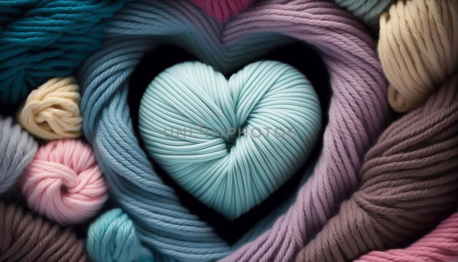 yarn for knitting multi-colored threads in the shape of hearts a lot. Generative AI, by mila1784