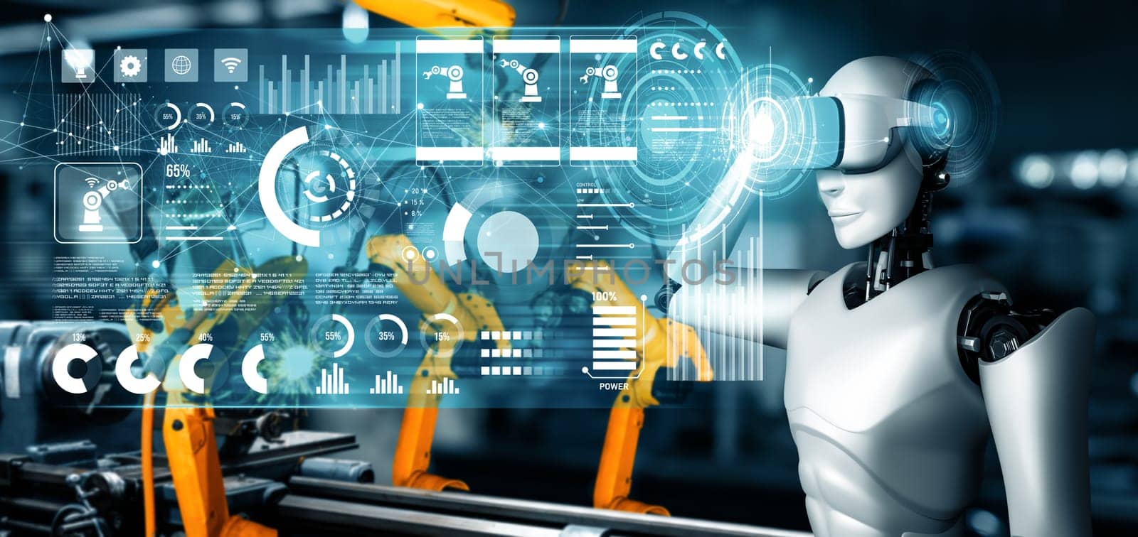 MLP Mechanized industry robot and robotic arms for assembly in factory production. Concept of artificial intelligence for industrial revolution and automation manufacturing process.