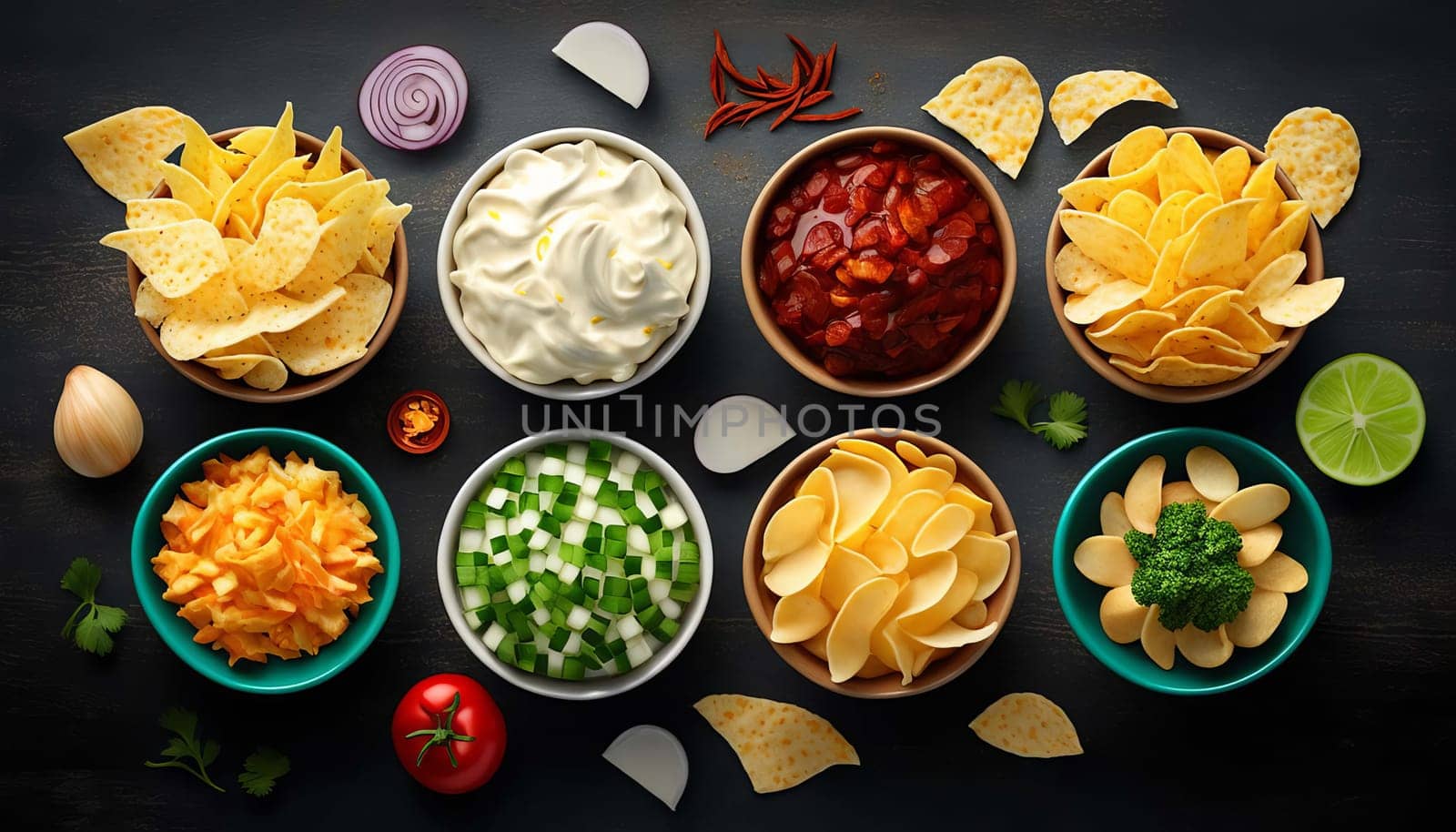 Snacks and chips with different flavors. Generative AI,