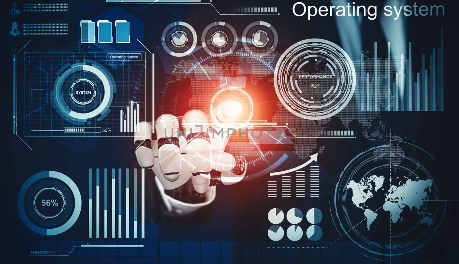 MLP 3D rendering futuristic droid robot technology development, artificial intelligence AI, and machine learning concept. Global robotic bionic science research for future of human life.
