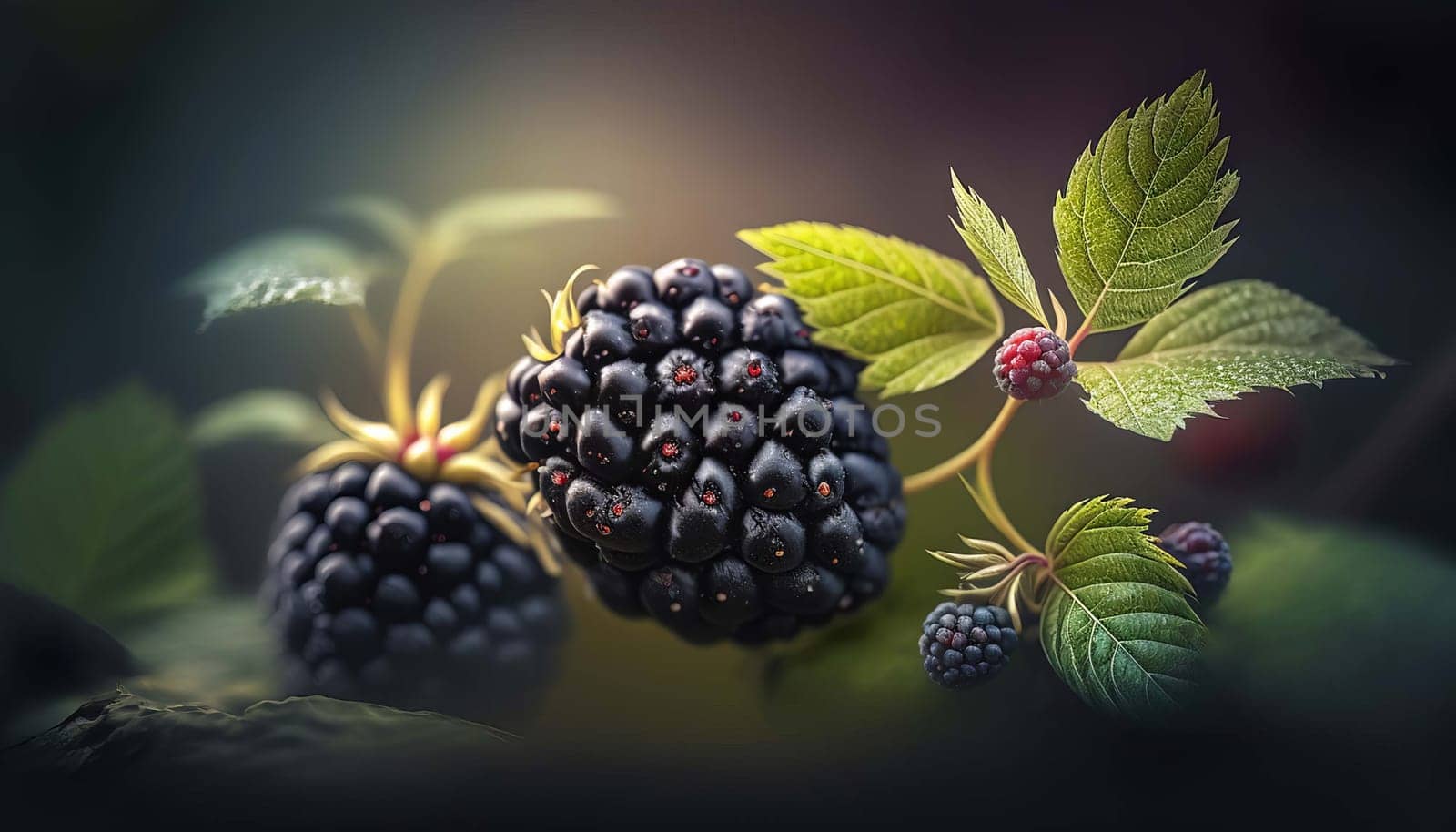Blackberry on the branch harvest. Generative AI.