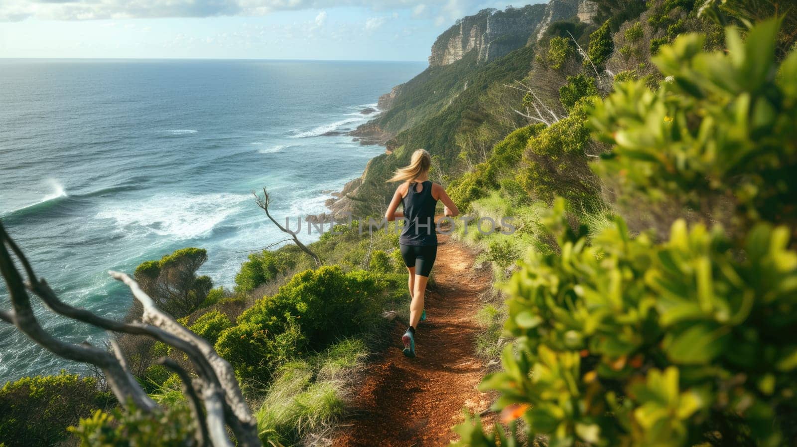 A woman enjoys leisurely running along a coastal path, surrounded by the natural landscape of ocean, sky, plants, beach, and grass. AIG41