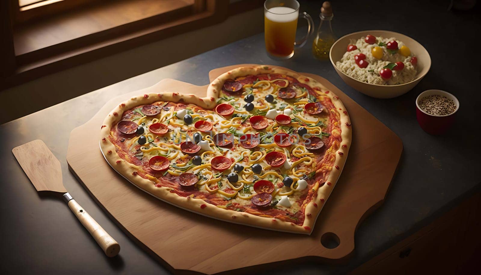 Heart shaped pizza in the kitchen on the table real photo appetizing. Generative AI,