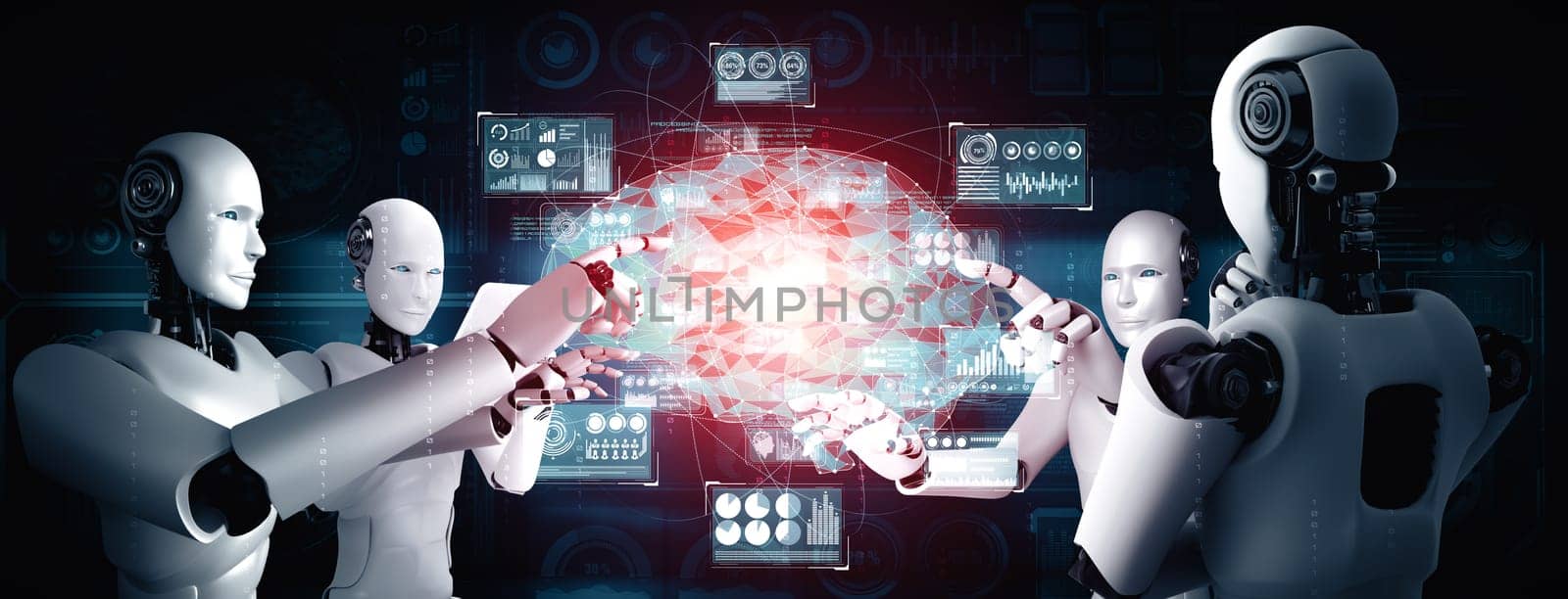 MLP 3d illustration AI humanoid robot touching virtual hologram screen showing concept of AI brain and artificial intelligence thinking by machine learning process. 3D illustration.