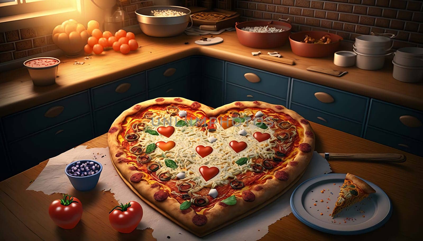 Heart shaped pizza in the kitchen on the table real photo appetizing. Generative AI, by mila1784