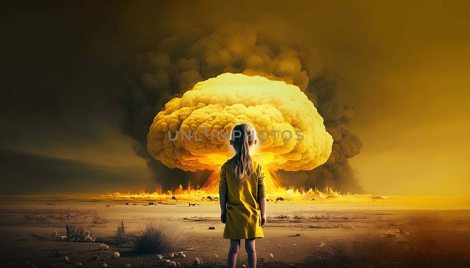 Children look at the nuclear explosion with their backs. Generative AI,
