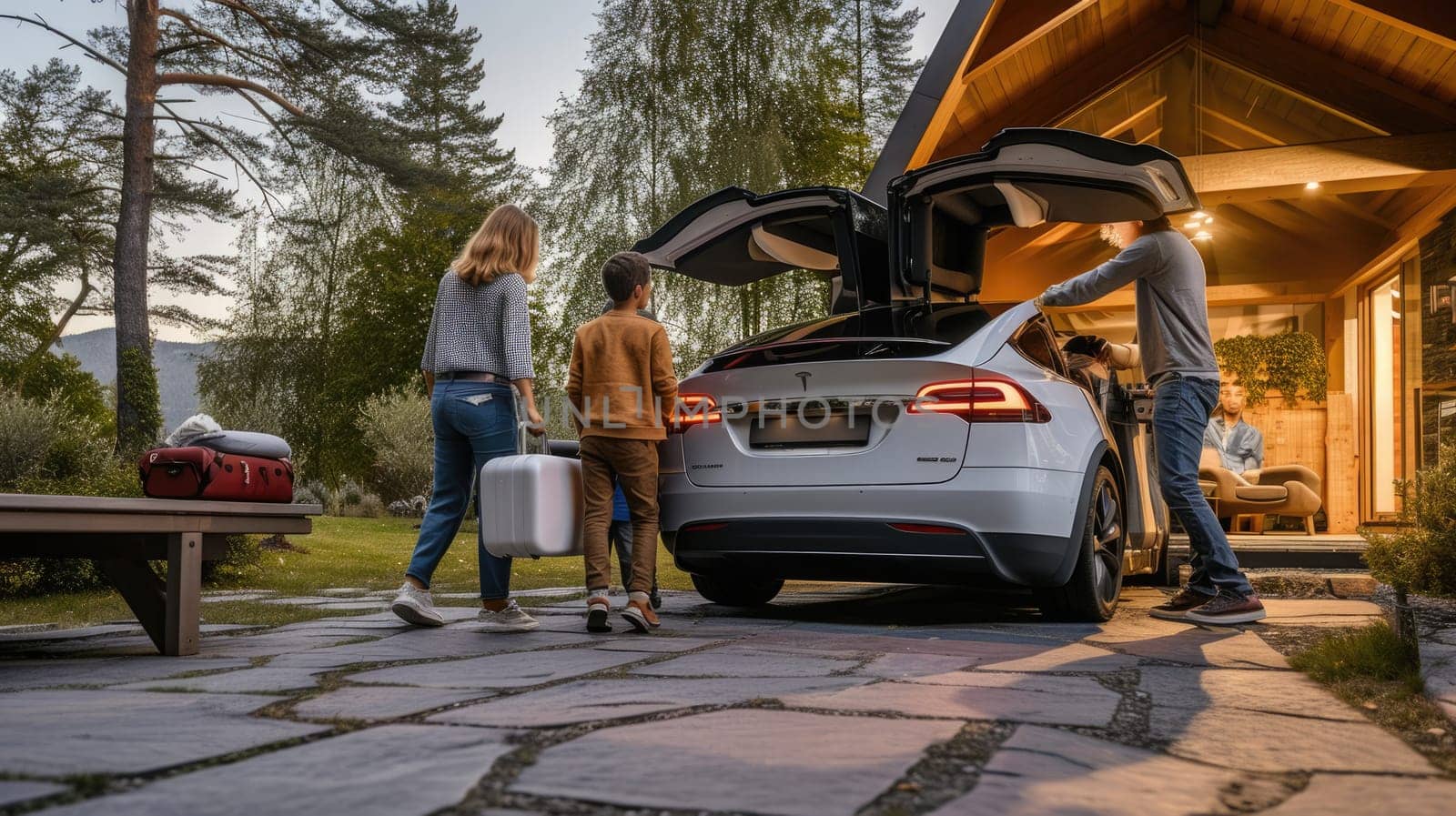 A family is loading luggage into the rear of their vehicle for a leisurely travel, surrounded by trees and plants. AIG41