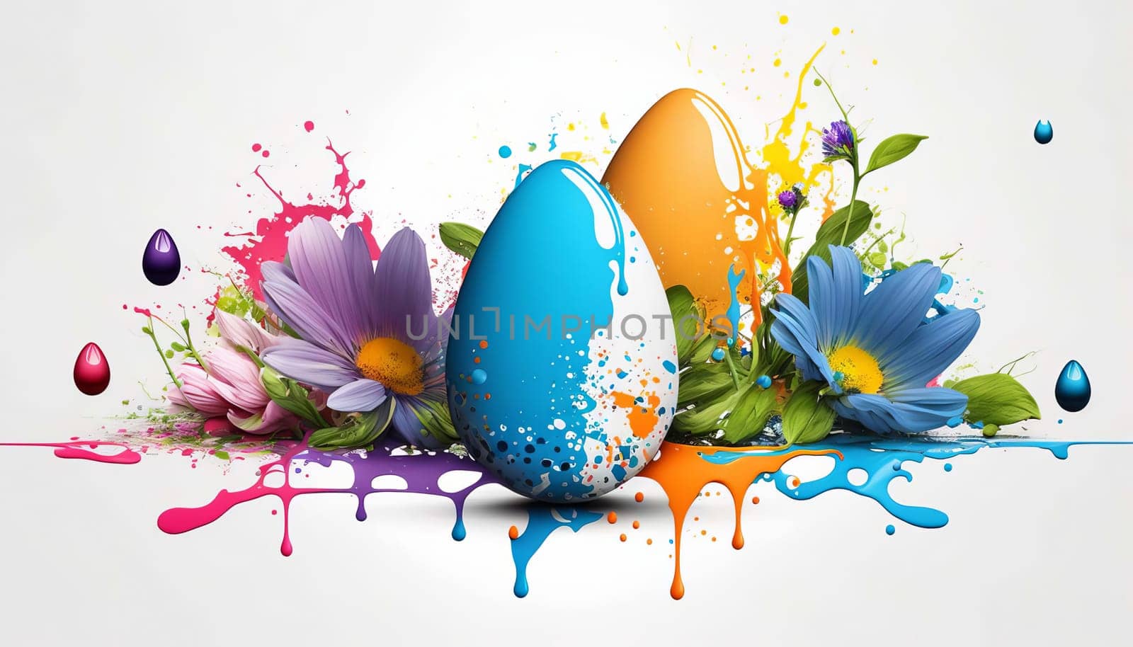 Egg flowers easter splash of paints and colors on a white background. Generative AI, by mila1784