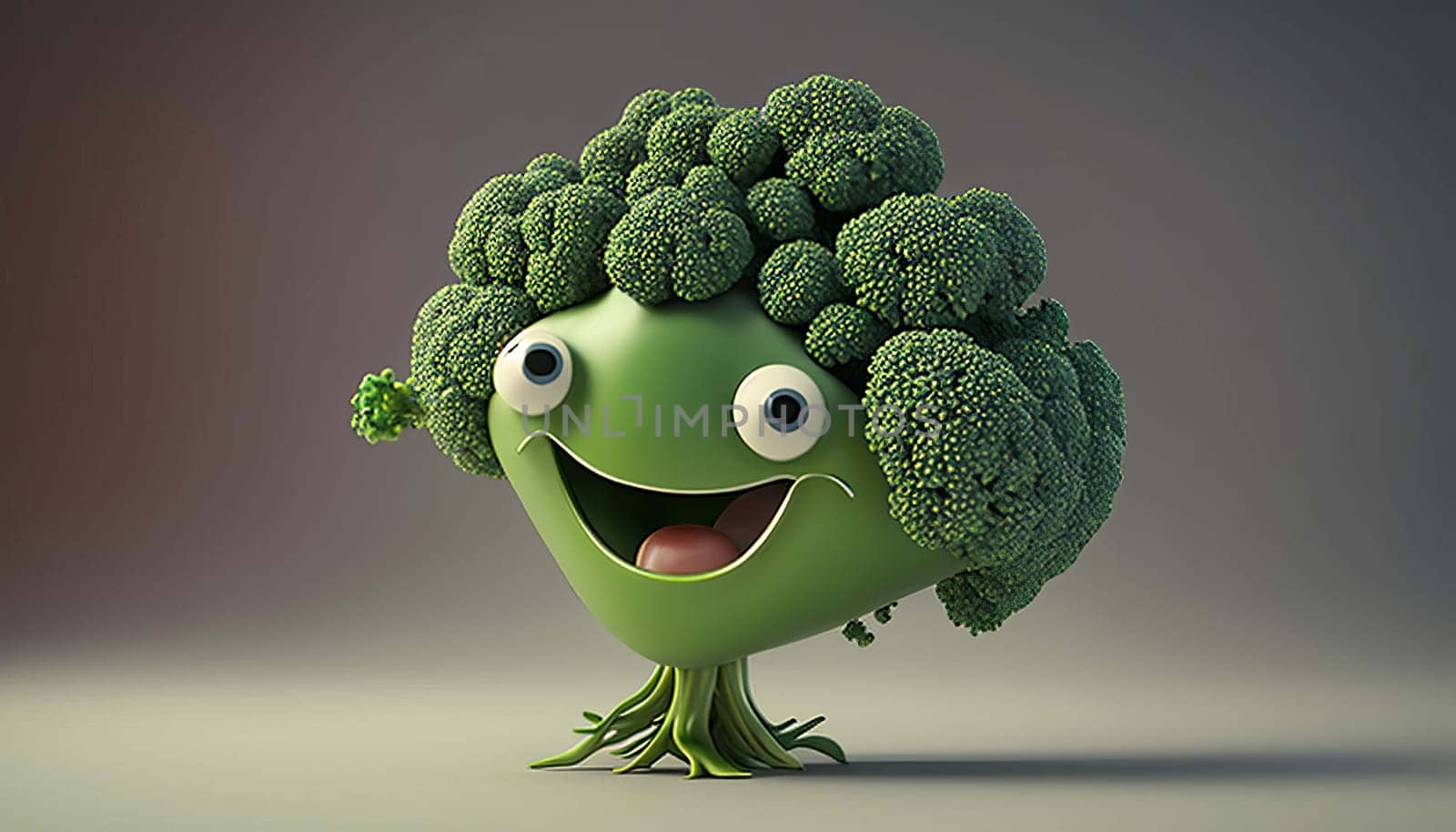 Cute broccoli 3D cartoon character. Generative AI. by mila1784