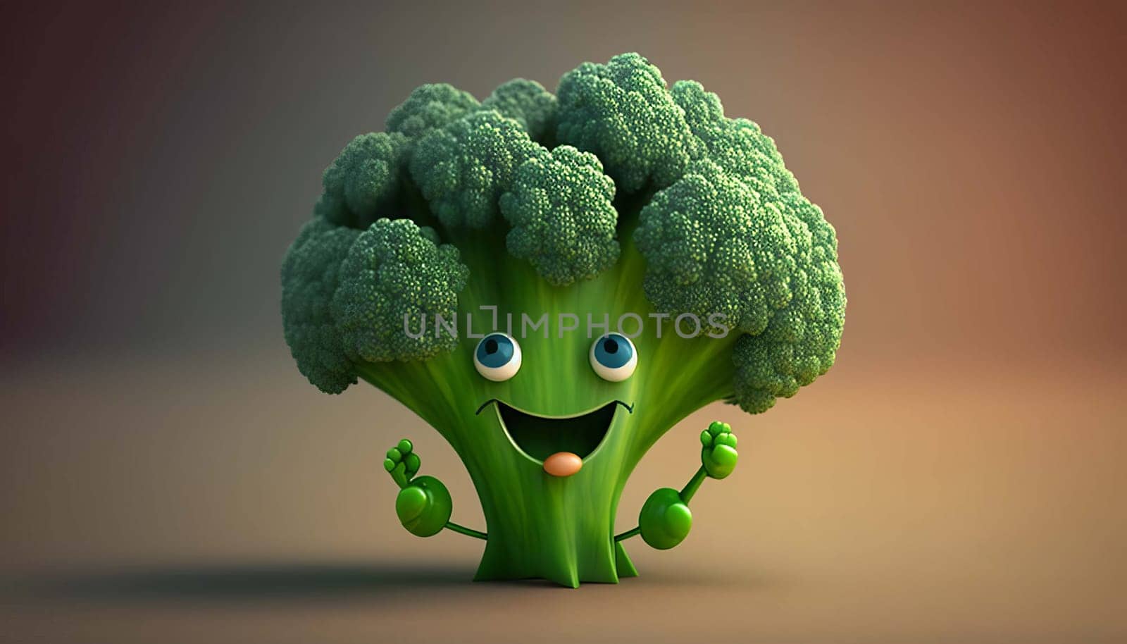 Cute broccoli 3D cartoon character. Generative AI. by mila1784