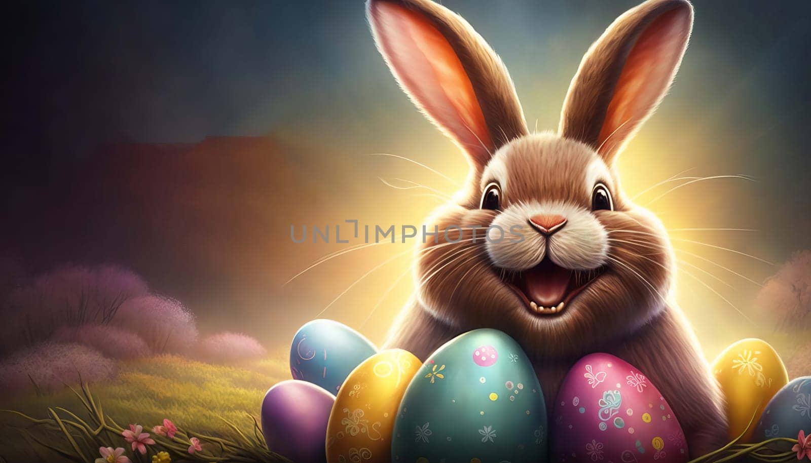 bunny with easter eggs. Generative AI, by mila1784