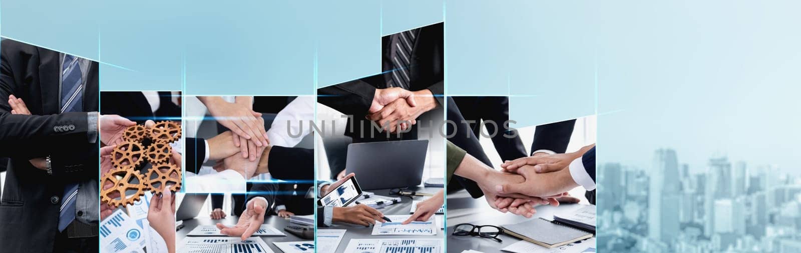 Teamwork and human resources HR management technology concept in corporate business with people group networking to support partnership, trust, teamwork and unity of coworkers in office vexel