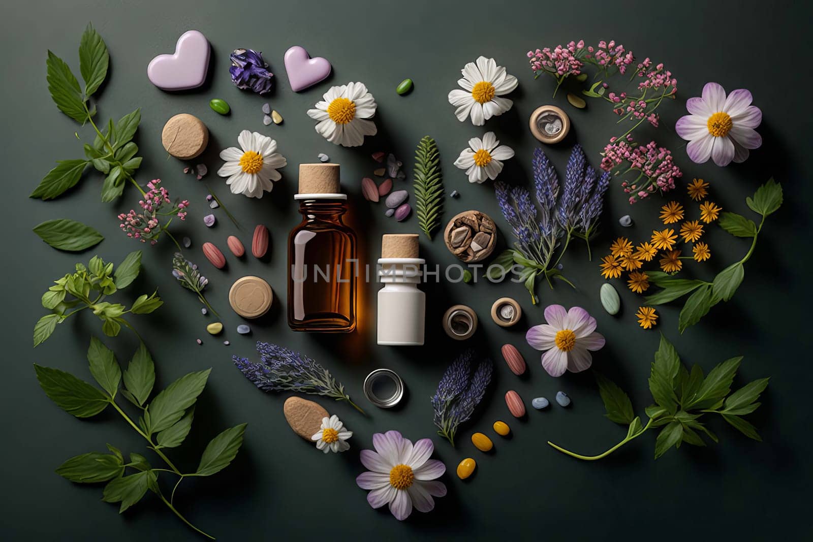 Herb oil bottles homeopathy herbs. Generative AI,