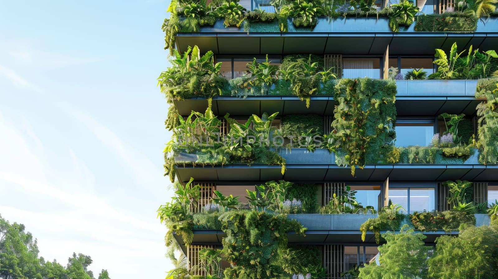 Architectural detail of an eco-friendly residential building with balconies lush with integrated greenery and sustainable design. AIG41