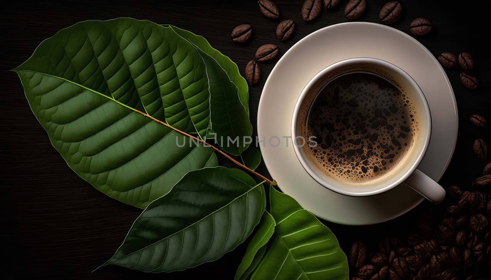 coffee cup next to the image of coffee beans. Generative AI, by mila1784