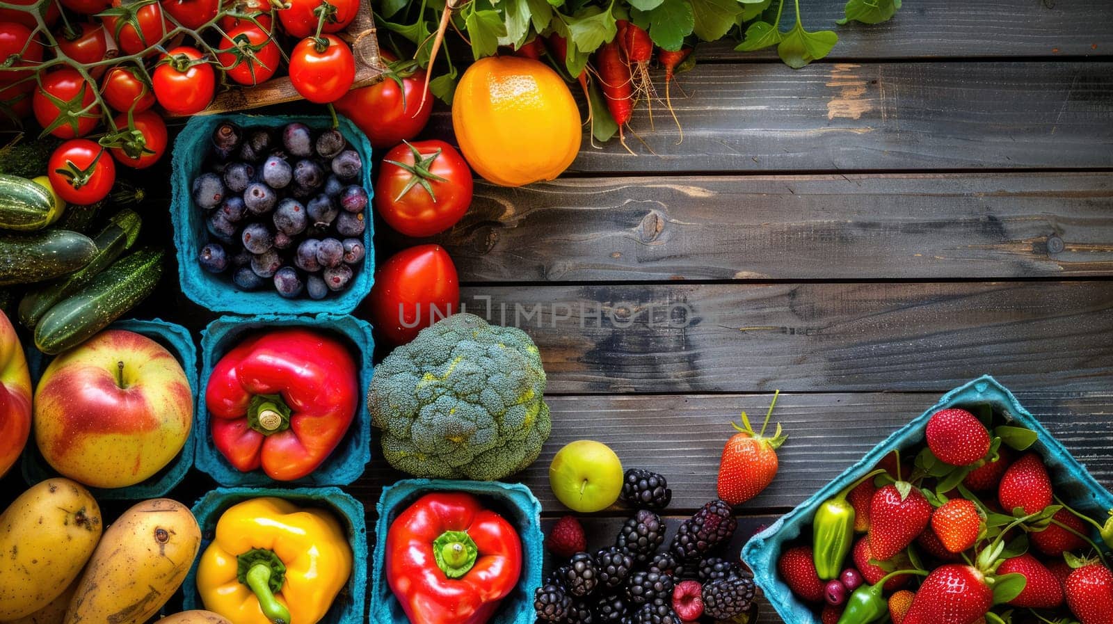 A wooden table adorned with a colorful array of fruits and vegetables, showcasing local food ingredients for wholesome recipes and natural whole foods AIG50