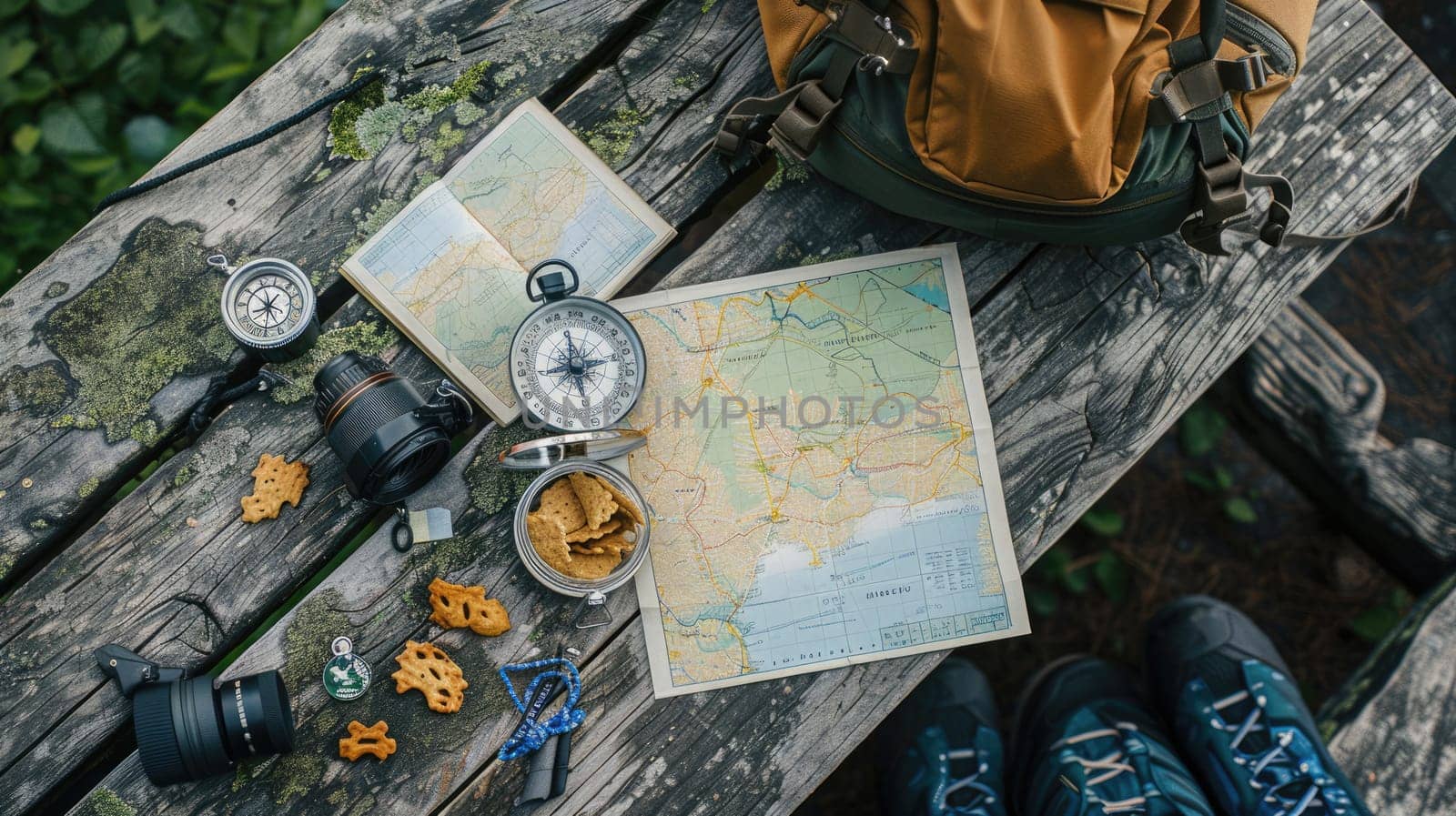 A wooden table is set with a delicious spread of food and a map, creating the perfect setting for planning a culinary road trip adventure AIG50