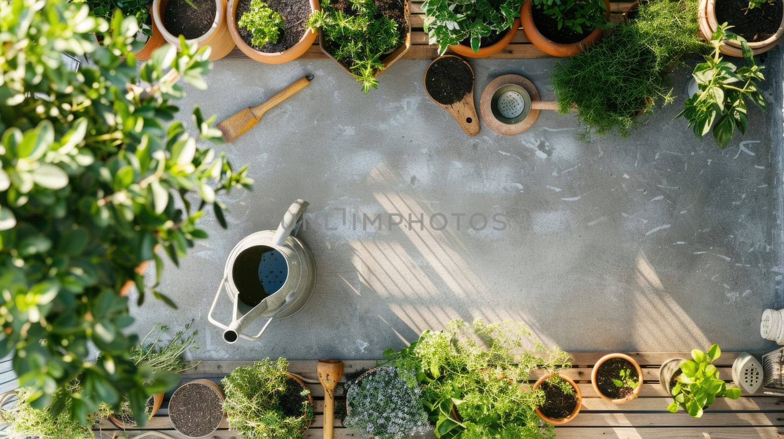A table adorned with potted plants, gardening tools, and surrounded by lush greenery creates a tranquil and inviting atmosphere AIG50