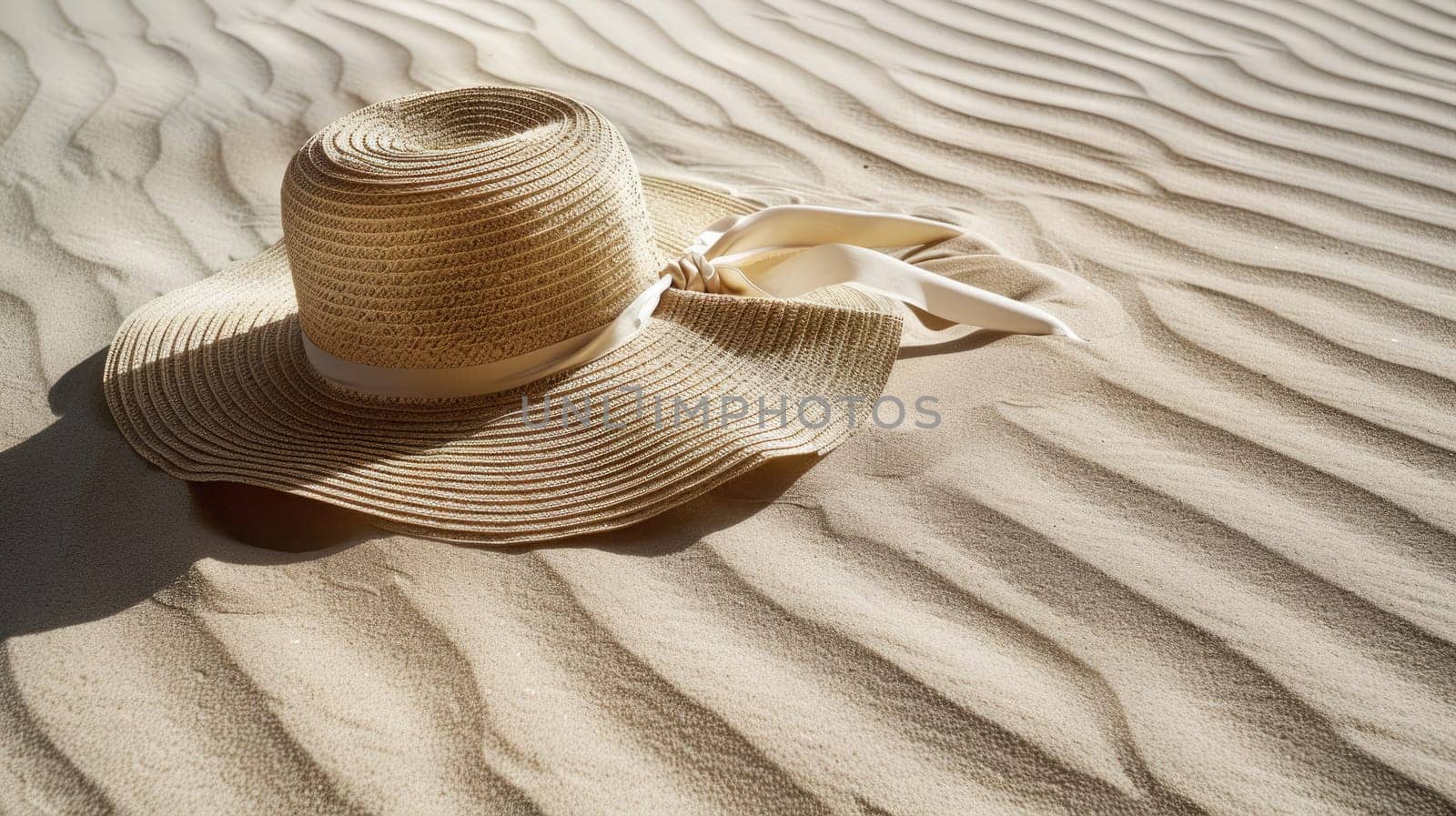 A straw hat rests on a sandy beach, blending in with the natural landscape composed of soil, wood, and aeolian landforms. Terrestrial animals and wildlife may be seen in this macro photography scene AIG50
