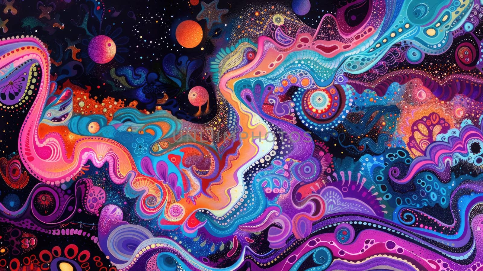 An organisminspired art piece with swirling patterns and bubbles in electric blue and magenta hues on a black background. The circles and symmetry create a visually captivating display AIG50