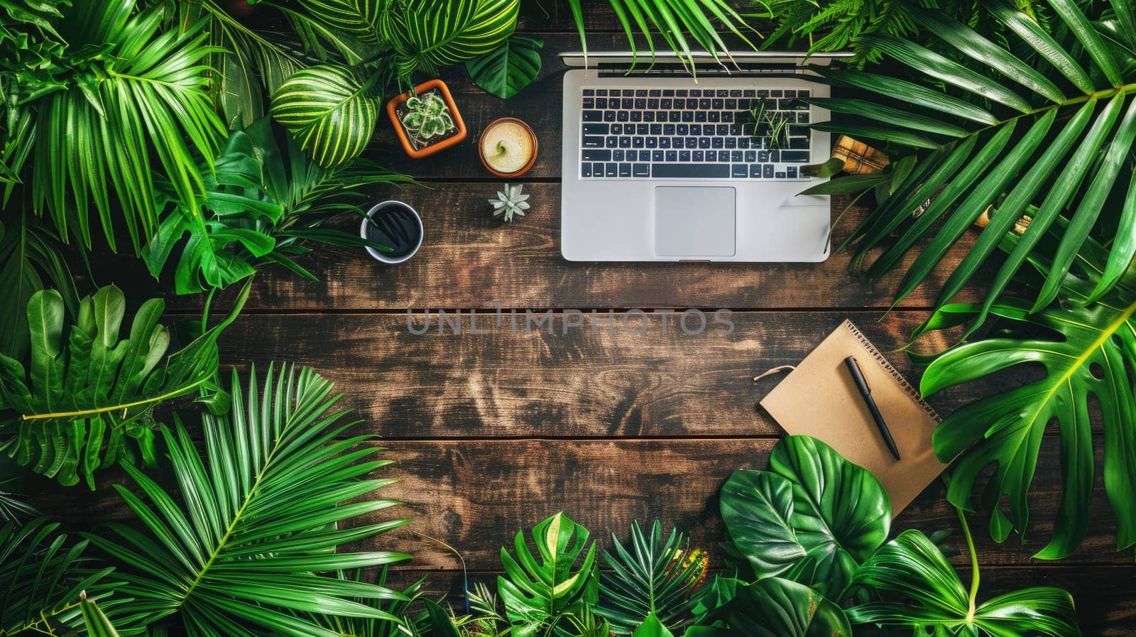 A laptop, a notebook, and oranges are placed among tropical leaves, enhancing the lively ambiance with vibrant colors of flowers and terrestrial plants AIG50