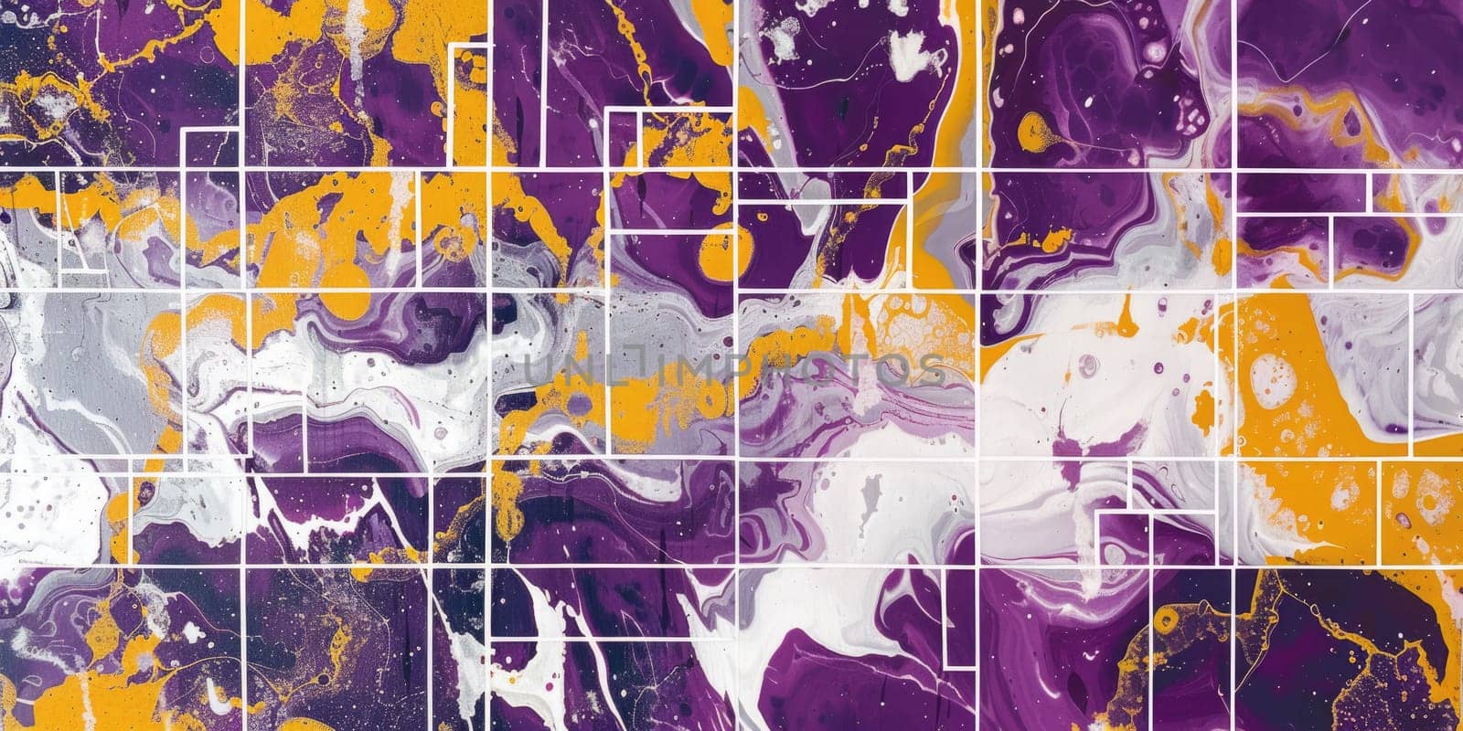 Close up of tiles of marble was painted by abstract color with purple, yellow and white mixed background. Painting was painted with elegance colorful splashing ink brush at light marble tiles. AIG42.