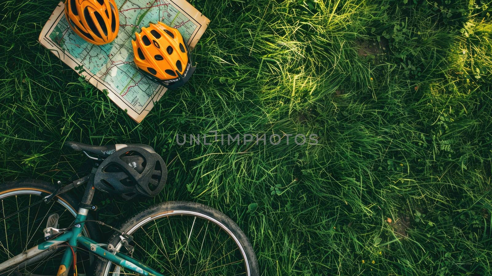 A bicycle, helmet, and map are scattered in the grass, surrounded by the peaceful sounds of nature. A wheel and tire peek out from beneath the foliage AIG50
