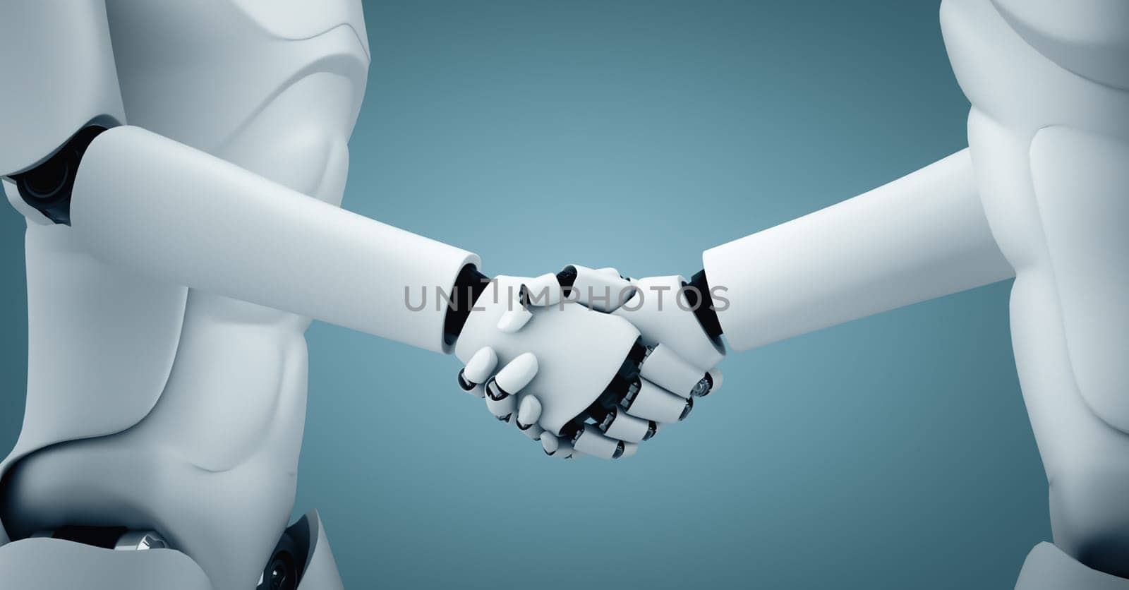 MLP 3d illustration humanoid robot handshake to collaborate future technology development by AI thinking brain, artificial intelligence and machine learning process for 4th industrial revolution.