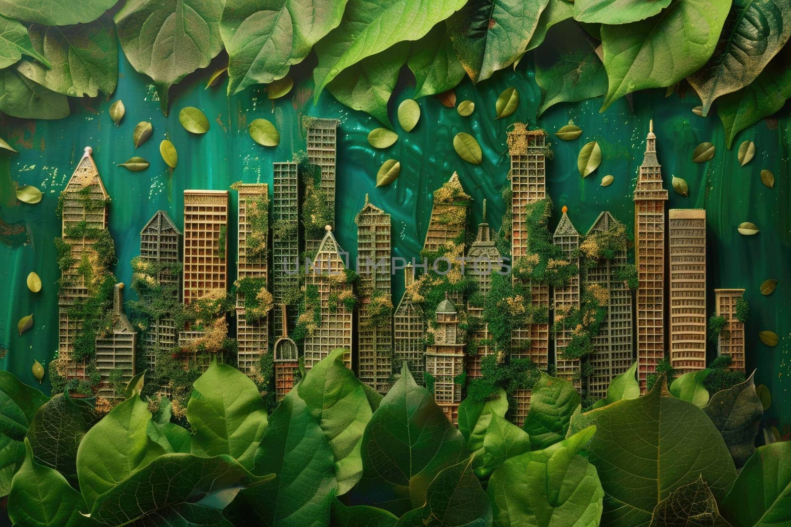 A photo of a miniature city made of wood and paper surrounded by lush green leaves on a green background. AIG51A.