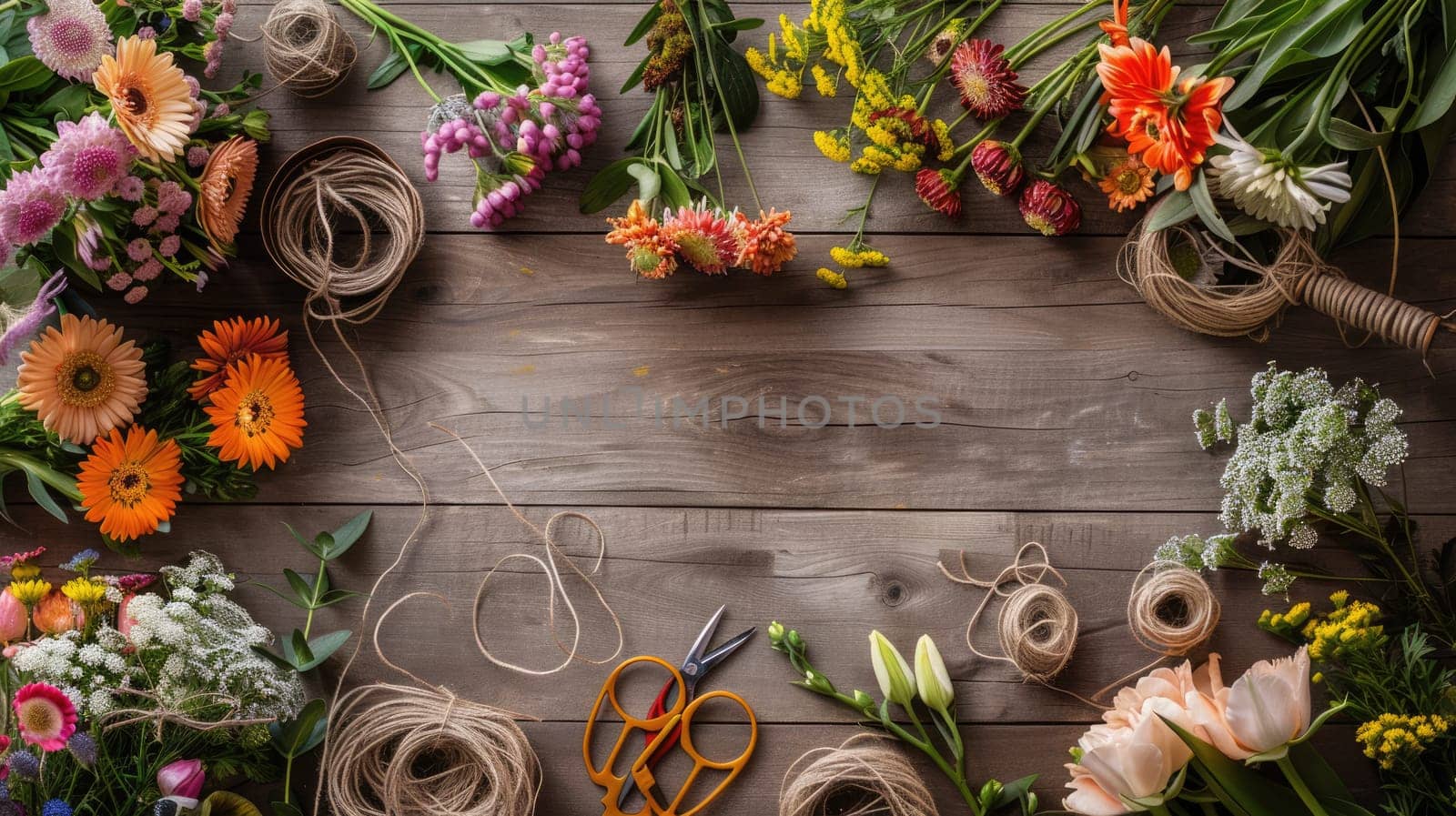 The table is adorned with a variety of flowers, each unique in color and shape. The vibrant petals create a beautiful display, adding a touch of natures beauty to the room AIG50