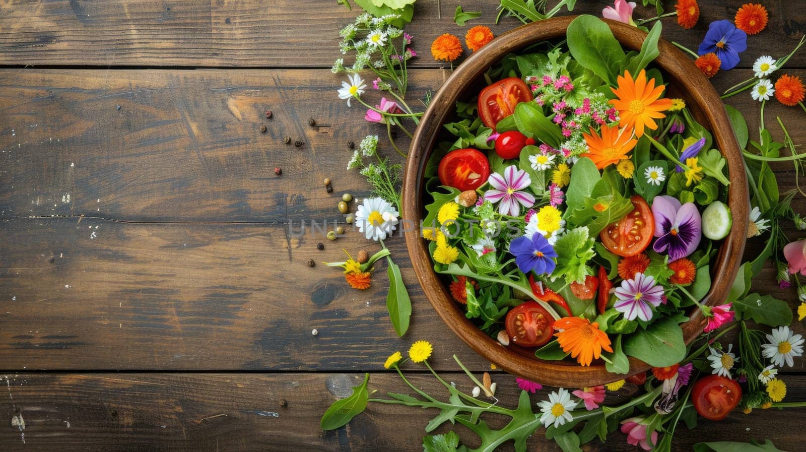 A colorful salad bowl decorated with edible flowers sits on a rustic wooden table, creating a beautiful and artistic display of natures bounty AIG50