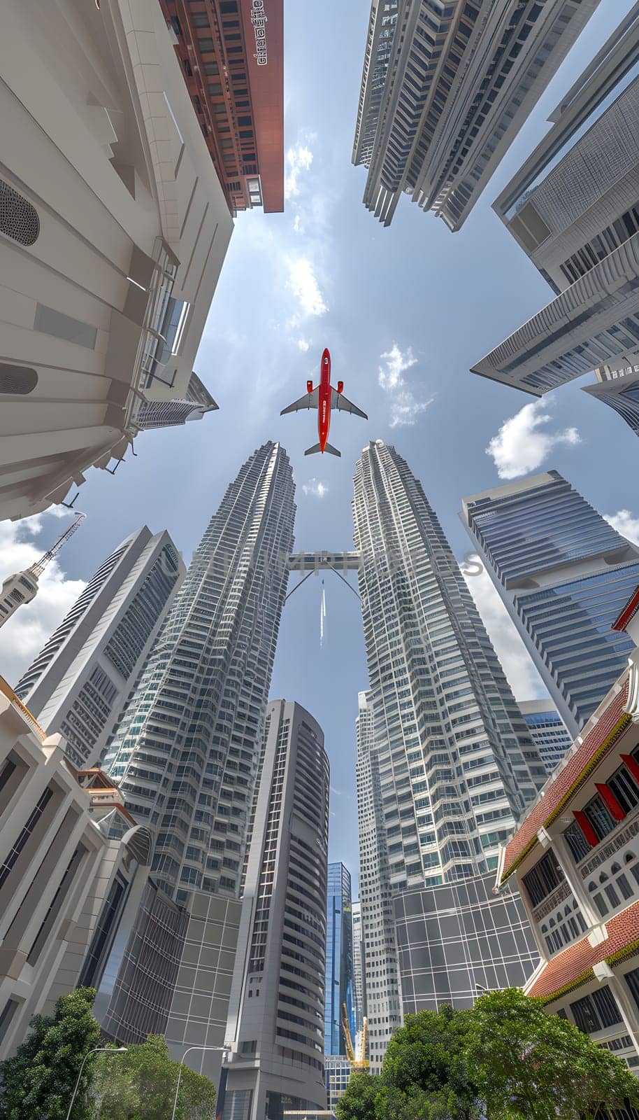 Observing a plane soaring above the urban landscape filled with buildings, skyscrapers, and towers, blending with the world below in a harmonious display of urban design