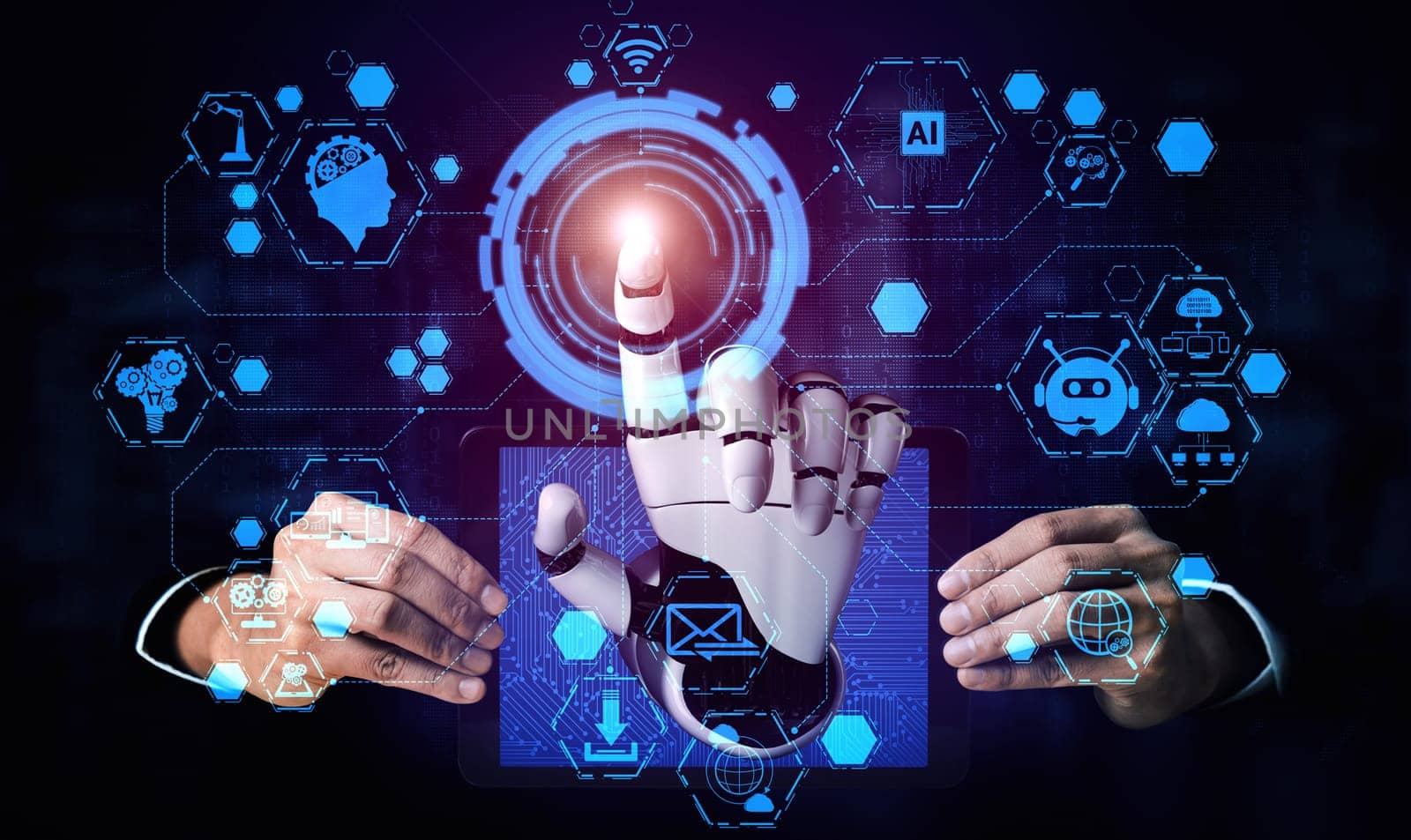 MLP 3D rendering artificial intelligence AI research of robot and cyborg development for future of people living. Digital data mining and machine learning technology design for computer brain.