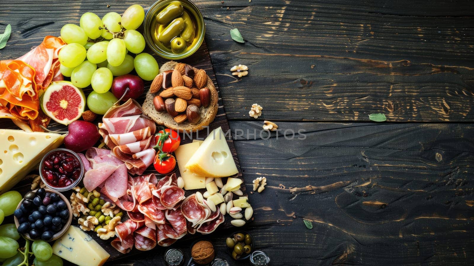 A wooden cutting board displaying an assortment of natural foods like leaf vegetables, vegetables, and ingredients, set on a wooden table for a cuisine event AIG50