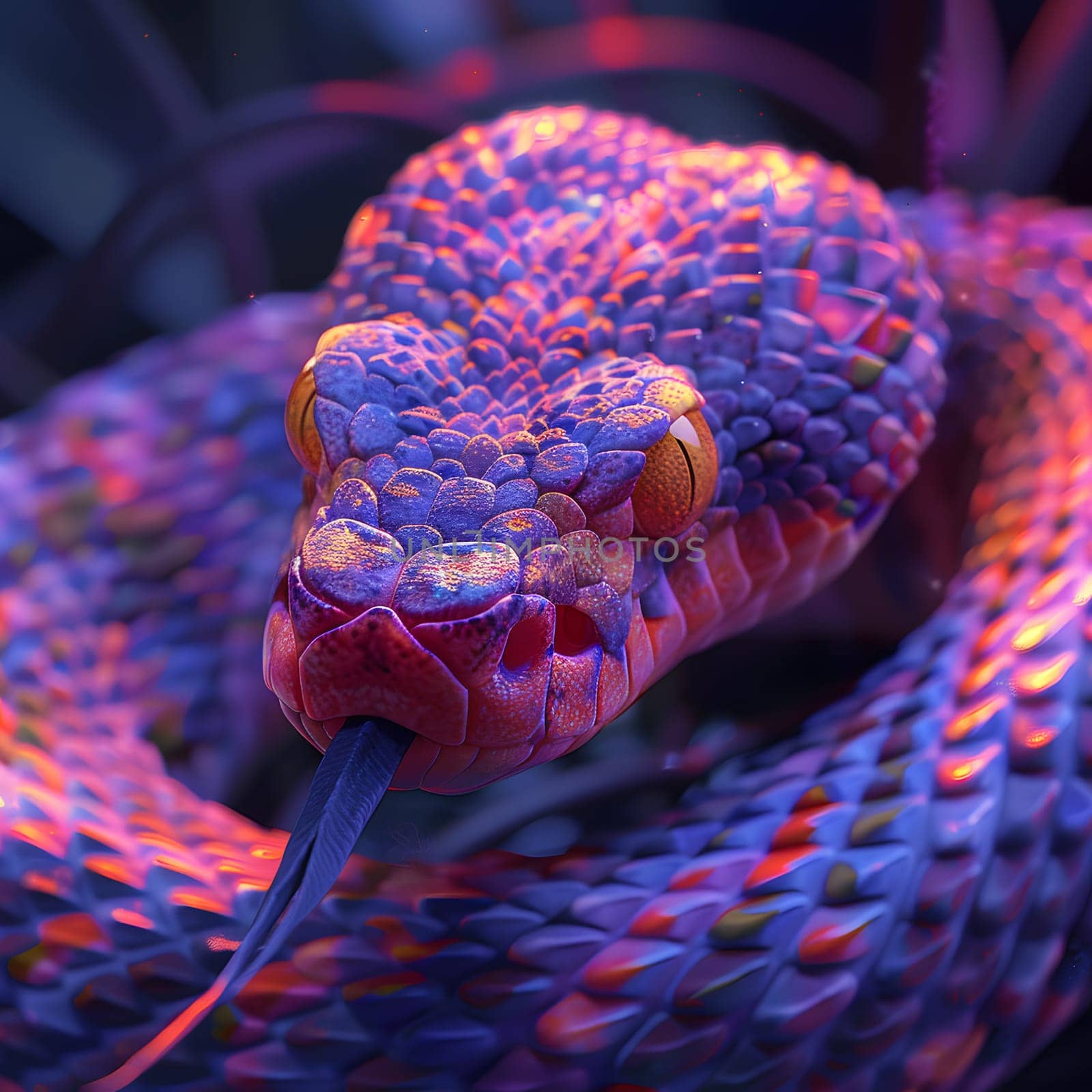 A vibrant electric blue snake with magenta scales and a long tongue poking out. This terrestrial organism is a stunning example of wildlife in macro photography