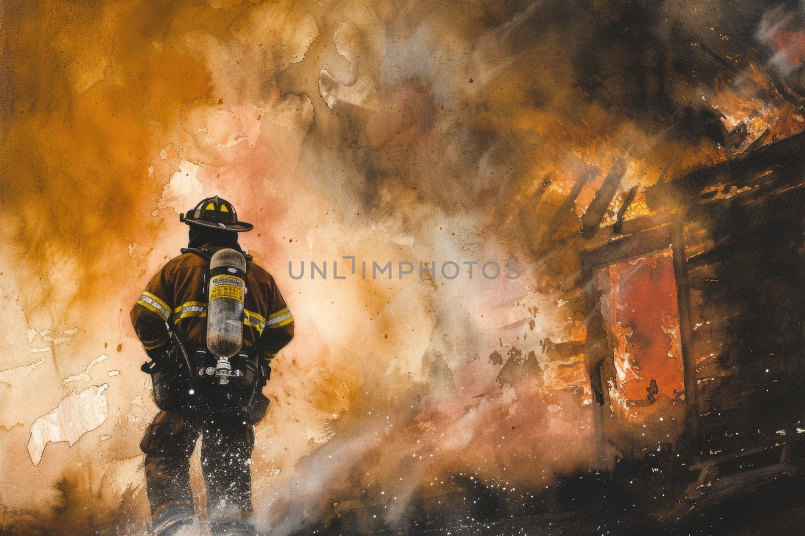 Skilled brave firefighter wearing safety gear and walking at place surrounded with smoke and prepare to put out fire. Portrait of energetic officer wearing protective cloth and survive in fire. AIG42.